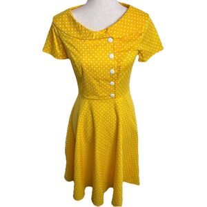 Polka Dot Midi Dress Women Small Yellow Pinup Retro Fit Flare Rockabilly